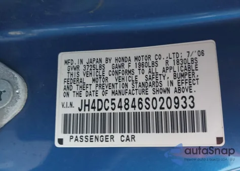 2006 Acura Rsx из США, поврежденный, VIN JH4DC54846S020933